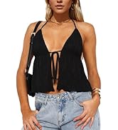 Women Y2k Front Tie Crop Tops Halter Neck Flowy Plisse Summer